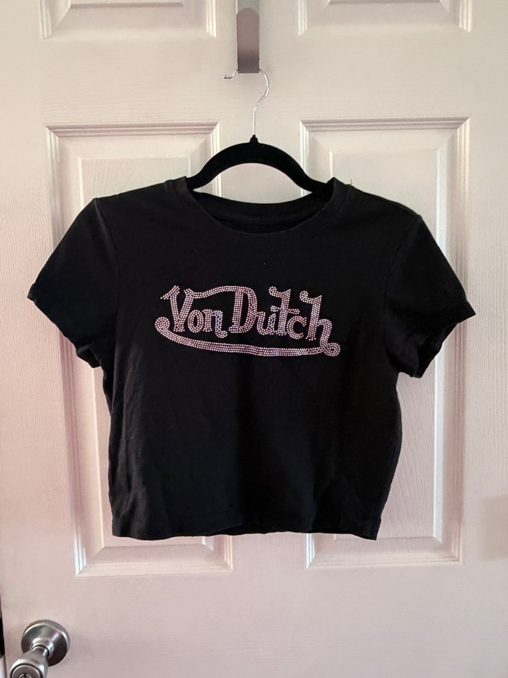 Von Dutch Black Rhinestone Baby Tee Y2K Fitted Crop Top
